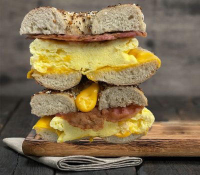 Egg and Cheese and Bacon Egg Wich_wood background